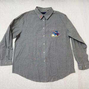 Karen Scott Holiday Button Up Embroidered Shirt Women XL Gray Stripes Christmas